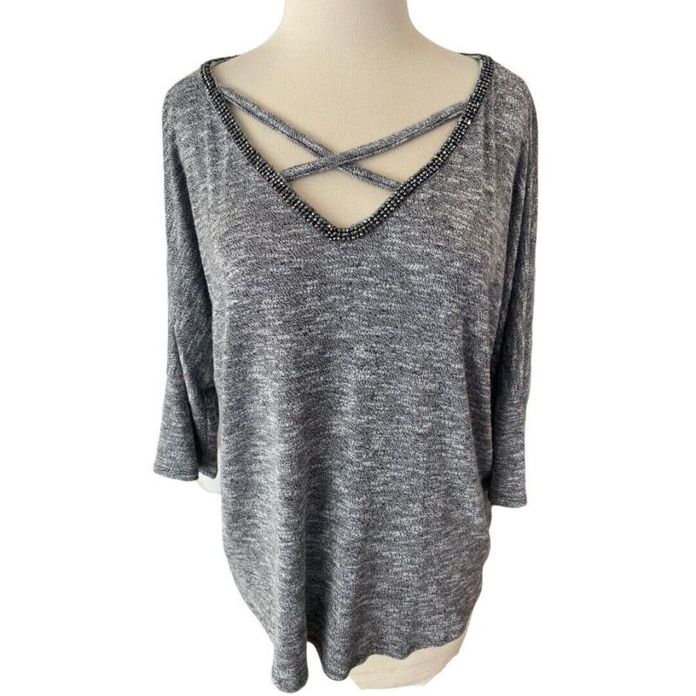 M Juicy Couture Gray Beaded CrissCross V-Neck Blouse Shirt Tunic